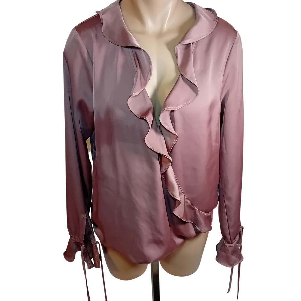 L'Academie Champagne Satin Ruffle Long Sleeve Wrap Blouse Professional M READ